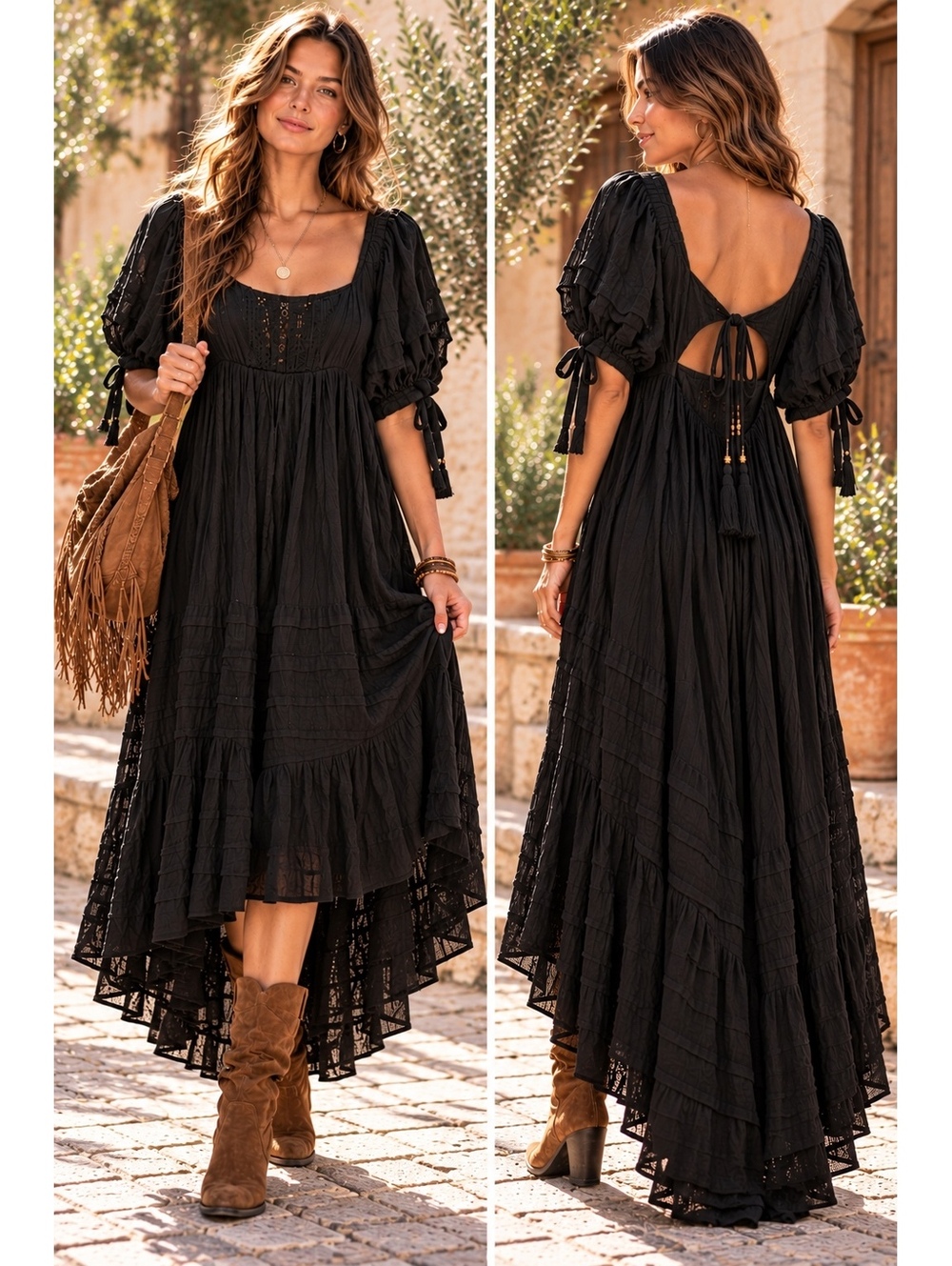 Free People Let’s Be Friends Boho Puff Sleeve High-Low Midi Dress Black S